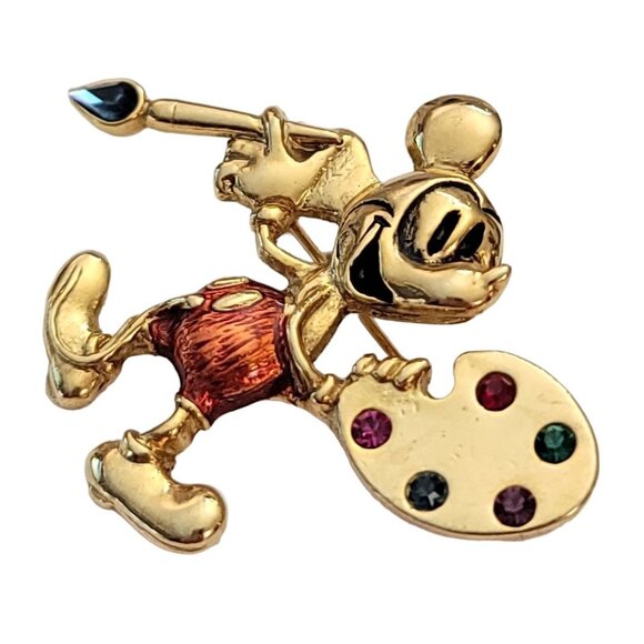 Disney 1928 Brand Mickey With Paint Brush Rhinestone Palette Pin, Signed E881 - Picture 2 of 9